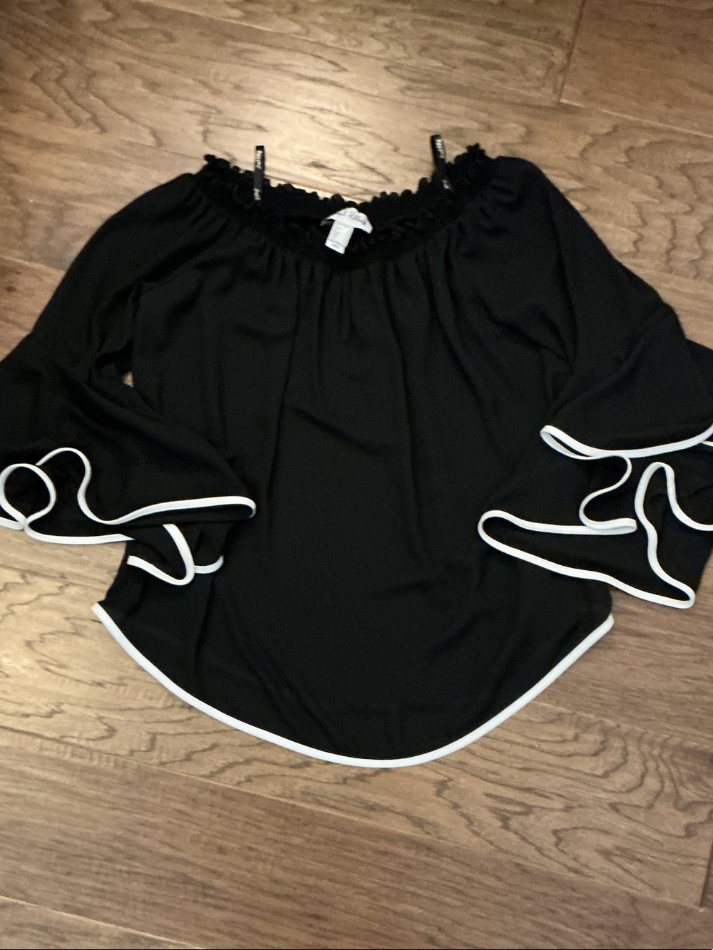 Joseph Ribkoff 12 Black Off the Shoulder Trumpet sleeve white piping blouse